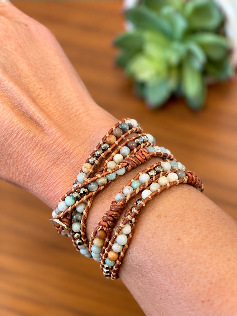 Boho Multi-Wrap Beaded Leather Bracelet – Neutral Gemstone Style